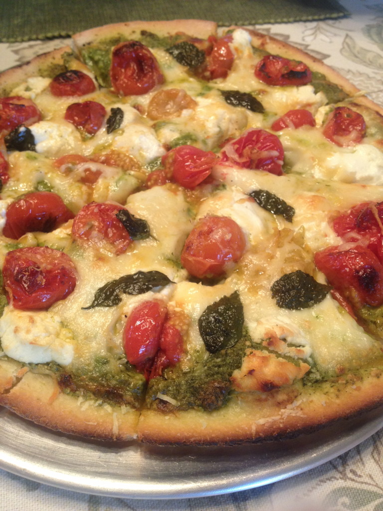 Pesto Pizza with Roasted Tomatoes and Caramelized Onions
