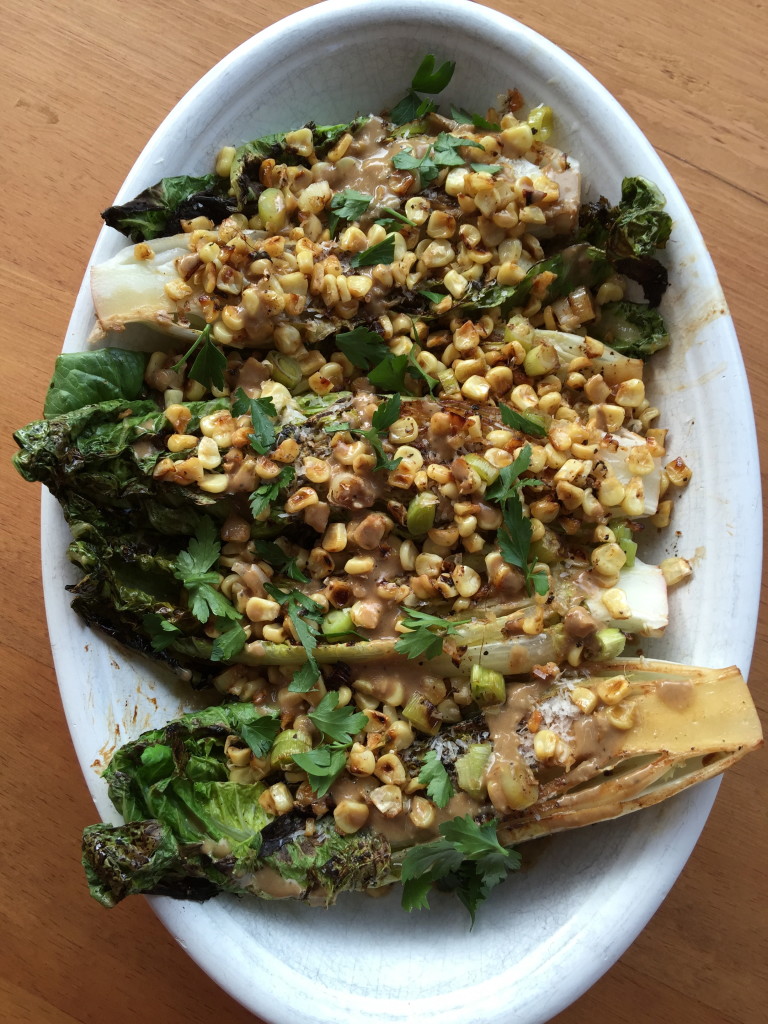 Grilled Romaine Spears with Roast Corn and Anchovy Dressing