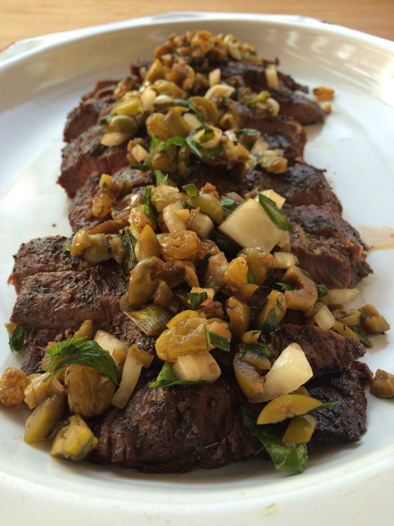 Grilled Iron Steak with Balsamic Soaked Raisin and Green Olive Salsa 1