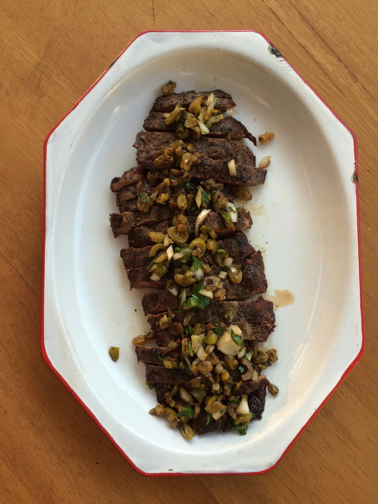 Grilled Iron Steak with Balsamic Soaked Raisin and Green Olive Salsa 4
