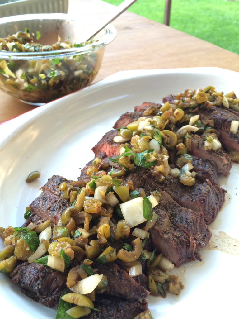 Grilled Iron Steak with Balsamic Soaked Raisin and Green Olive Salsa