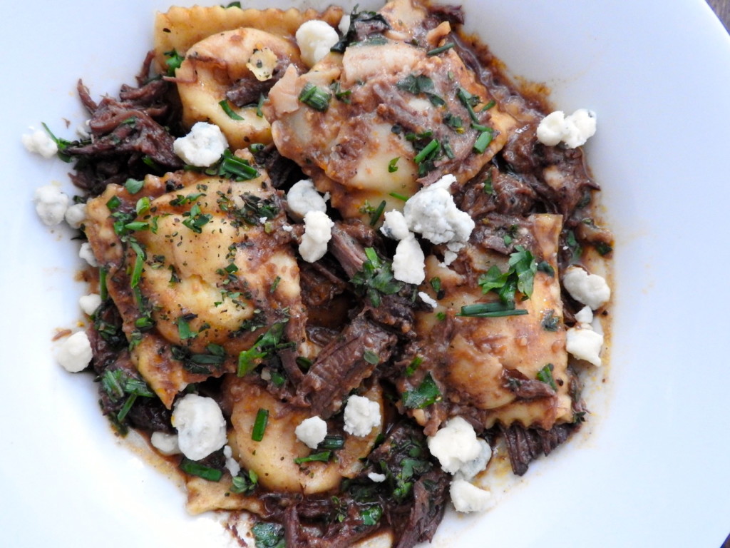 Gorgonzola Polenta filled ravioli with short rib wine demi-glace