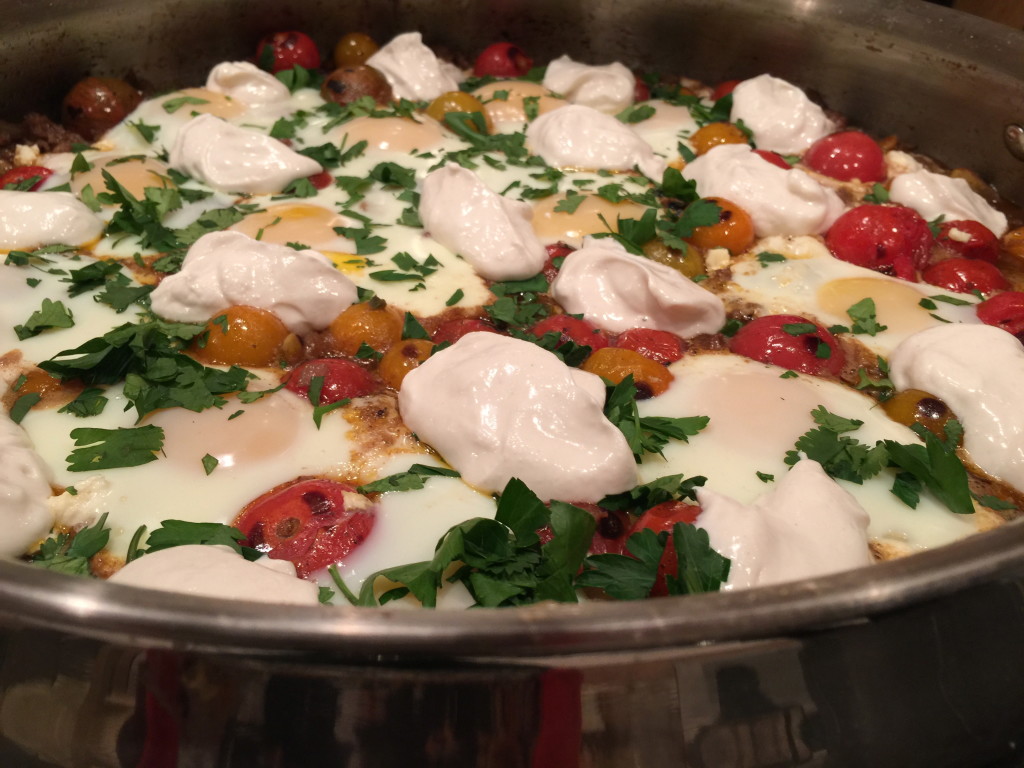 Lamb With Blistered Tomatoes, Braised Eggs, and Tahini