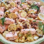 Lemon Pasta with Broiled Salmon and Charred Lemon|eatentions